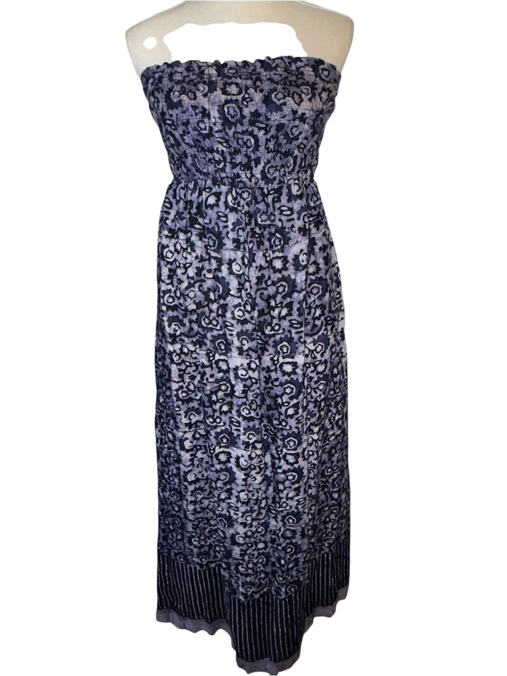 Faherty Indigo Strapless Maxi Dress with Smocked Bodice & Boho Print XS Pockets - Picture 12 of 12